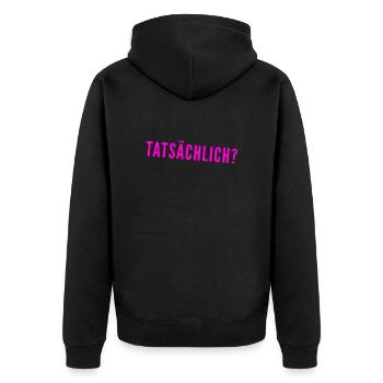 bist du dir sicher? - Unisex Premium Bio Zip Hoodie - Schwarz - Hinten - Nico (187cm)