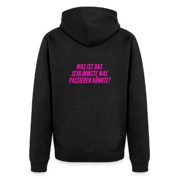 was könnte schon passieren? - Unisex Premium Bio Zip Hoodie - Schwarz - Hinten - Nico (187cm)