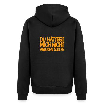 du hättest mich nicht anlügen sollen - Unisex Premium Bio Zip Hoodie - Schwarz - Hinten - Nico (187cm)