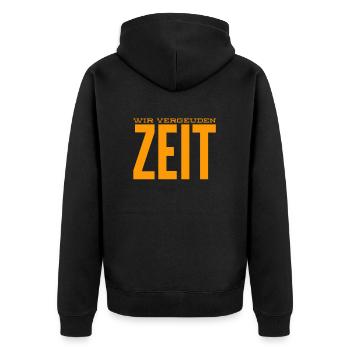die Zeit ist knapp - Unisex Premium Bio Zip Hoodie - Schwarz - Hinten - Nico (187cm)