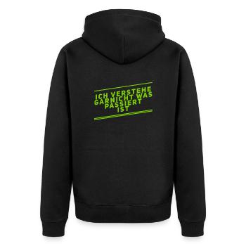 was ist hier passiert - Unisex Premium Bio Zip Hoodie - Schwarz - Hinten - Nico (187cm)