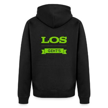 legen wir los - Unisex Premium Bio Zip Hoodie - Schwarz - Hinten - Nico (187cm)