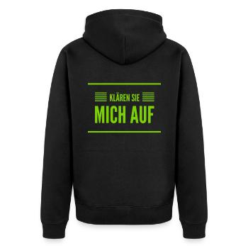 klären sie mich auf - Unisex Premium Bio Zip Hoodie - Schwarz - Hinten - Nico (187cm)
