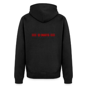 sei frech - Unisex Premium Bio Zip Hoodie - Schwarz - Hinten - Nico (187cm)