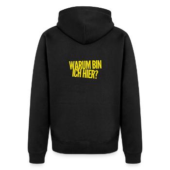 weshalb bin ich hier? - Unisex Premium Bio Zip Hoodie - Schwarz - Hinten - Nico (187cm)