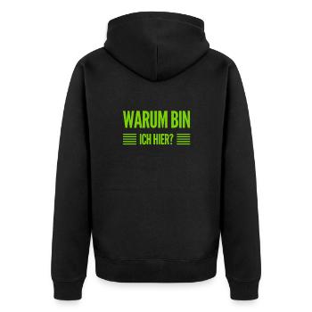 was mache ich denn hier? - Unisex Premium Bio Zip Hoodie - Schwarz - Hinten - Nico (187cm)