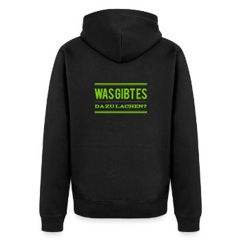 warum lachst du? - Unisex Premium Bio Zip Hoodie - Schwarz - Hinten - Nico (187cm)