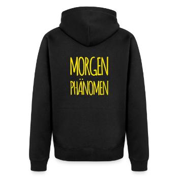vor dir steht ein Frühaufsteher - Unisex Premium Bio Zip Hoodie - Schwarz - Hinten - Nico (187cm)