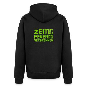 die Tragik der Zeit - Unisex Premium Bio Zip Hoodie - Schwarz - Hinten - Nico (187cm)