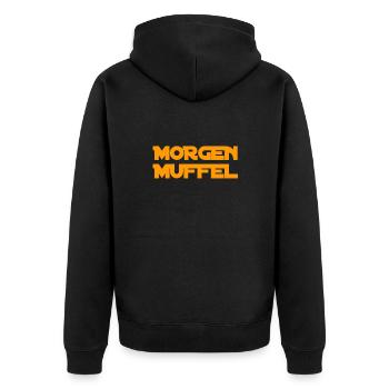vor dir steht ein Morgenmuffel - Unisex Premium Bio Zip Hoodie - Schwarz - Hinten - Nico (187cm)