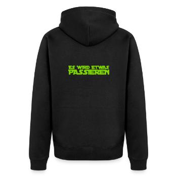 das passiert bald - Unisex Premium Bio Zip Hoodie - Schwarz - Hinten - Nico (187cm)