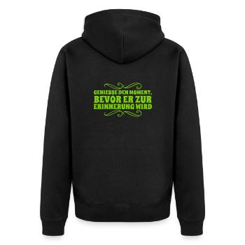 genieße jeden Augenblick - Unisex Premium Bio Zip Hoodie - Schwarz - Hinten - Nico (187cm)