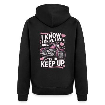 Motorrad Motorradfahrerin Frau Spruch - Unisex Premium Bio Zip Hoodie - Schwarz - Hinten - Nico (187cm)