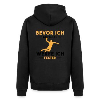 Handball Kinder Geschenke Handballer Zubehör - Unisex Premium Bio Zip Hoodie - Schwarz - Hinten - Nico (187cm)