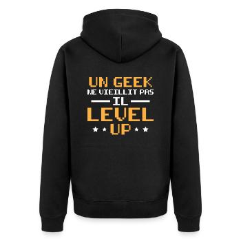 Un geek ne vieillit pas il level up - Veste à capuche bio Premium Unisexe - noir - Dos - Nico (187cm)