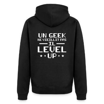 Un geek ne vieillit pas il level up - Veste à capuche bio Premium Unisexe - noir - Dos - Nico (187cm)