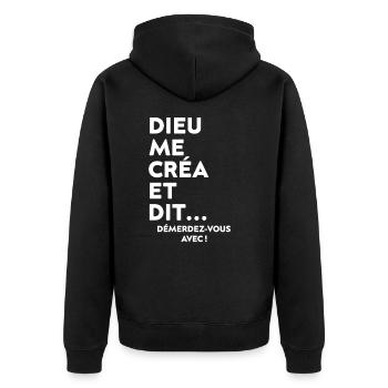 Gott hat mich erschaffen und mit ihm gesagt - Unisex Premium Bio Zip Hoodie - Schwarz - Hinten - Nico (187cm)