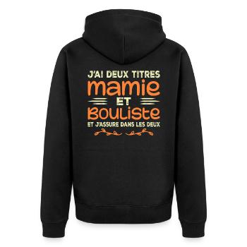 Zwei Titel Granny Bouliste | Oma, Pétanque - Unisex Premium Bio Zip Hoodie - Schwarz - Hinten - Nico (187cm)