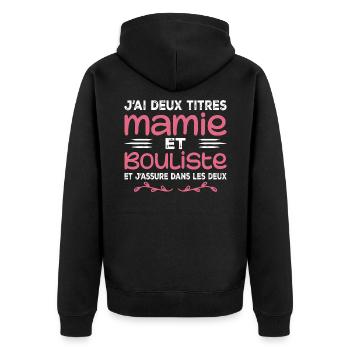 Zwei Titel Granny Bouliste | Oma, Pétanque - Unisex Premium Bio Zip Hoodie - Schwarz - Hinten - Nico (187cm)