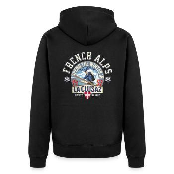 Den Winter verbringe ich in La Clusaz - Unisex Premium Bio Zip Hoodie - Schwarz - Hinten - Nico (187cm)