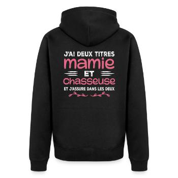 Zwei Titel Granny Hunter | Oma | Jagd - Unisex Premium Bio Zip Hoodie - Schwarz - Hinten - Nico (187cm)
