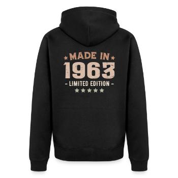 Hergestellt 1963 Geburtstagsgeschenk 1963 Jahrgang 1963 - Unisex Premium Bio Zip Hoodie - Schwarz - Hinten - Nico (187cm)