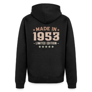 Hergestellt im Jahr 1953 Jahrgang 1953 Jubiläumsgeschenk - Unisex Premium Bio Zip Hoodie - Schwarz - Hinten - Nico (187cm)