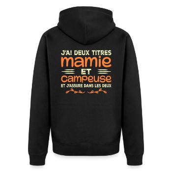 Zwei Titel Granny Camper | Oma | Camping - Unisex Premium Bio Zip Hoodie - Schwarz - Hinten - Nico (187cm)