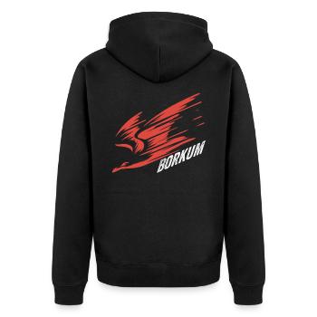 Borkum Sturzflug Tiefflieger Möwe Urlaub T-Shirt - Unisex Premium Bio Zip Hoodie - Schwarz - Hinten - Nico (187cm)