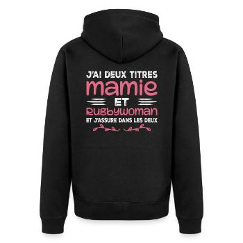 Zwei Granny Rugbywoman-Titel | Oma, Rugby - Unisex Premium Bio Zip Hoodie - Schwarz - Hinten - Nico (187cm)