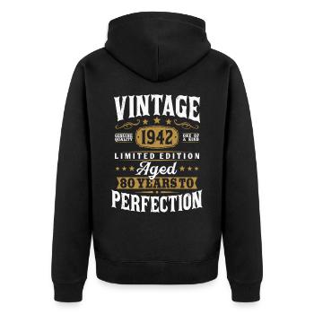 80 ans Vintage né en 1942 - Veste à capuche bio Premium Unisexe - noir - Dos - Nico (187cm)
