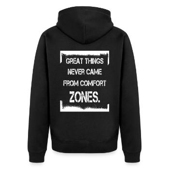 Great things never came from comfort zones - Motiv - Unisex Premium Bio Zip Hoodie - Schwarz - Hinten - Nico (187cm)