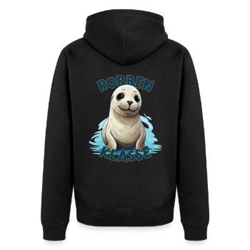 Cartoon Robbenklasse Grundschule Klassentier Robbe - Unisex Premium Bio Zip Hoodie - Schwarz - Hinten - Nico (187cm)