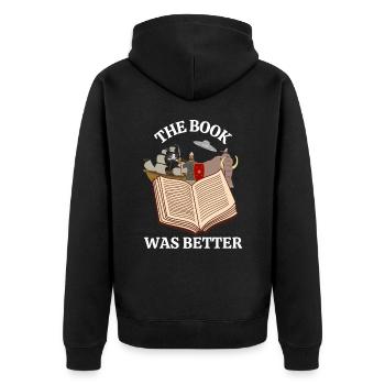 Das Buch war besser - Unisex Premium Bio Zip Hoodie - Schwarz - Hinten - Nico (187cm)