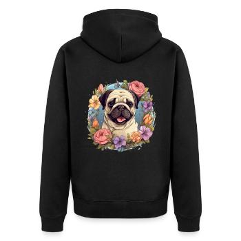 Pug Dog Breed Pet with flowers - graphic - Unisex Premium Organic Zip Hoodie - black - Back - Nico (187cm)