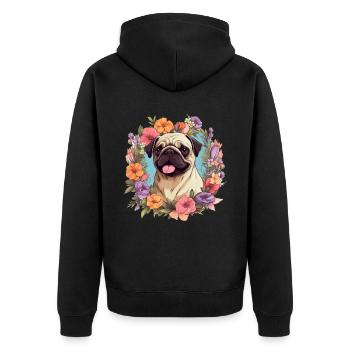 Pug Dog Breed Pet with flowers - graphic - Unisex Premium Organic Zip Hoodie - black - Back - Nico (187cm)