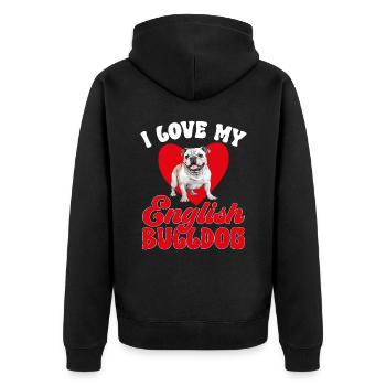 British English Bulldog lover - I Love my Bulldog - Unisex Premium Bio Zip Hoodie - Schwarz - Hinten - Nico (187cm)