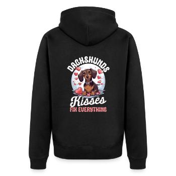 Dachshund kisses Fix everything Sausage Dog Wiener - Unisex Premium Bio Zip Hoodie - Schwarz - Hinten - Nico (187cm)