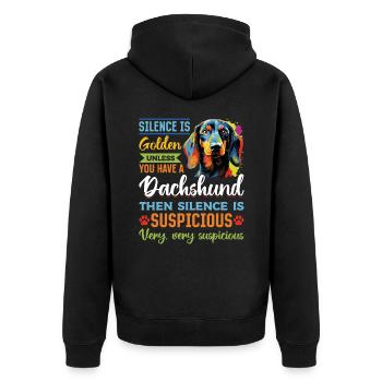 Dachshund wiener sausage dog Silence is Golden - Unisex Premium Bio Zip Hoodie - Schwarz - Hinten - Nico (187cm)