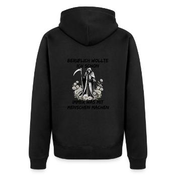Beruflich Was Mit Menschen Machen - Sensenmann - Unisex Premium Bio Zip Hoodie - Schwarz - Hinten - Nico (187cm)