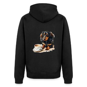 Teckel mignon Doxie avec une tasse de saucisse à café - Veste à capuche bio Premium Unisexe - noir - Dos - Nico (187cm)