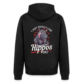 Hippo Hippopotamus Animal I Just Really Like Hippo - Unisex Premium Bio Zip Hoodie - Schwarz - Hinten - Nico (187cm)