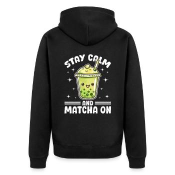 Matcha Green Bubble Tea Latte Boba Stay Calm - Unisex Premium Bio Zip Hoodie - Schwarz - Hinten - Nico (187cm)