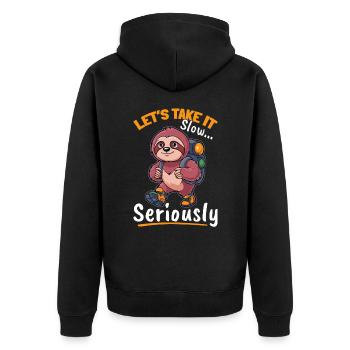Sloth Hiking Mountains Lets take it slow - Unisex Premium Bio Zip Hoodie - Schwarz - Hinten - Nico (187cm)