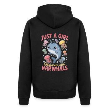 Narwhal Chibi Kawaii - Unisex Premium Bio Zip Hoodie - Schwarz - Hinten - Nico (187cm)