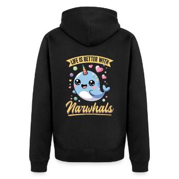 Narwhal Chibi Kawaii - Unisex Premium Organic Zip Hoodie - black - Back - Nico (187cm)