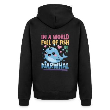 Narwhal Chibi Kawaii - Unisex Premium Bio Zip Hoodie - Schwarz - Hinten - Nico (187cm)
