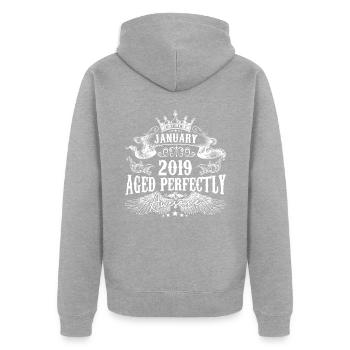 2019 | January 2019 birthday Aged Perfectly - Unisex Premium Organic Zip Hoodie - heather grey - Back - Nico (187cm)