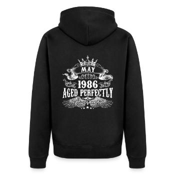 1986 | Mai 1986 Geburtstag Perfekt gealtert - Unisex Premium Bio Zip Hoodie - Schwarz - Hinten - Nico (187cm)