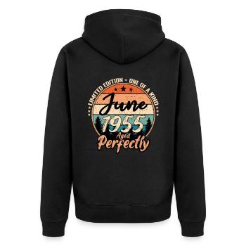 Juni 1955 Jubiläum 1955 Legenden Juni - Unisex Premium Bio Zip Hoodie - Schwarz - Hinten - Nico (187cm)